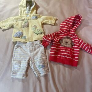 Yellow Dinosaur and Red‎ Monkey Baby Hoodies w/matching Dinosaur Pants, Size NB